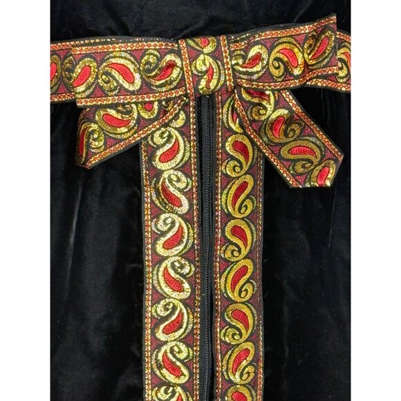 Vintage 1960s Black Velvet Maxi Dress Metallic Gold & Red Ribbon Trim Size Small - Picture 5 of 7